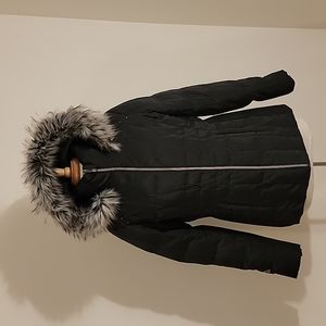 EUC GERRY Shimmer Black Quilted Ski Jacket with Faux Fur Detachable Hood SZ:L